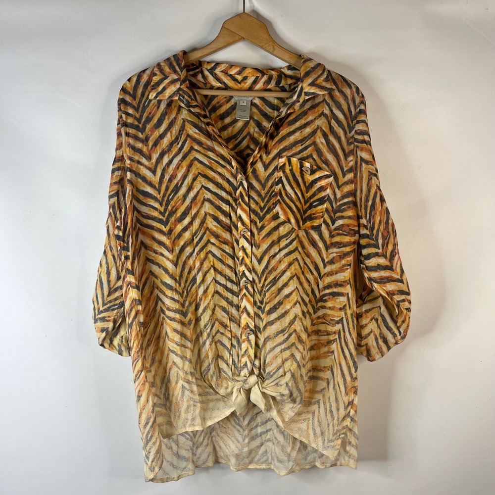 Multiples Button Front Top Women 1X Orange Chevron Animal Print Tie Front Safari
